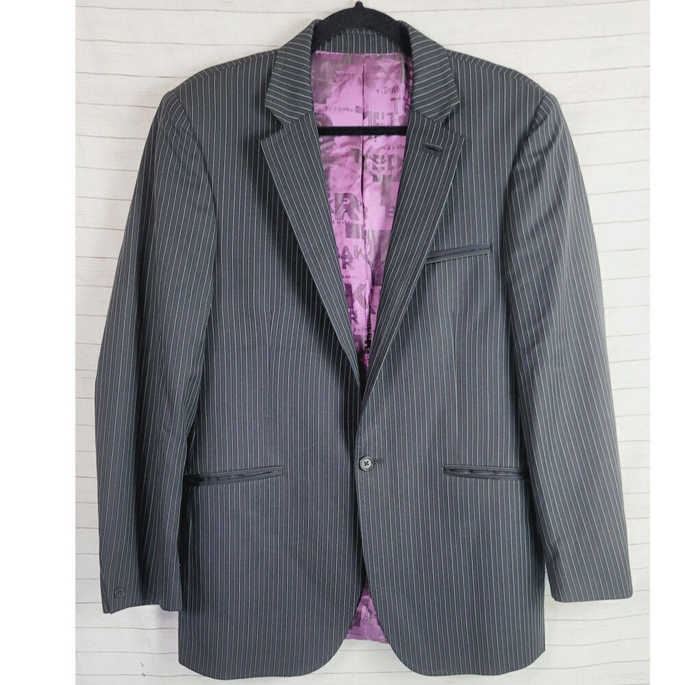 TED BAKER London 100% Wool Green & Gray Pinstripe on Black Blazer Jacket, sz 40R